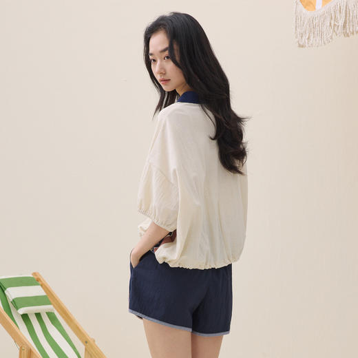 谜底印花T恤短袖2026夏季新品撞色POLO领复古休闲宽松女262MT0470 商品图2