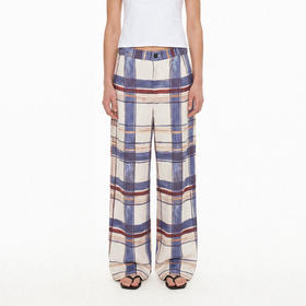 NUTH“手绘感”印花纹格印花垂感轻薄宽松直筒休闲裤女 卡其蓝格（预售/发货时间同步天猫）