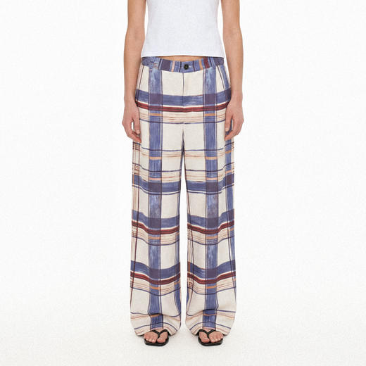 NUTH“手绘感”印花纹格印花垂感轻薄宽松直筒休闲裤女 卡其蓝格（预售/发货时间同步天猫） 商品图0
