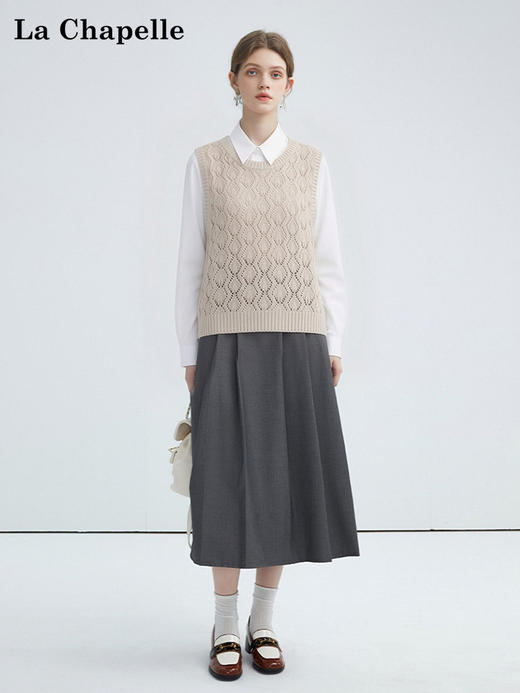 天猫同步【叠搭神器！】拉夏贝尔/La Chapelle INS风！舒适有型韩系圆领镂空针织马甲百搭坎肩叠穿背心 商品图1