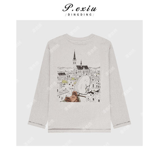 03-4潘依绣丁丁宠粉100%棉慵懒风复古印花宽松减龄圆领长袖T恤Q65478 商品图1