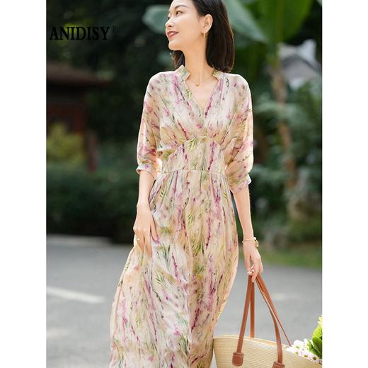 时尚法式V领七分袖收腰气质碎花连衣裙 商品图2