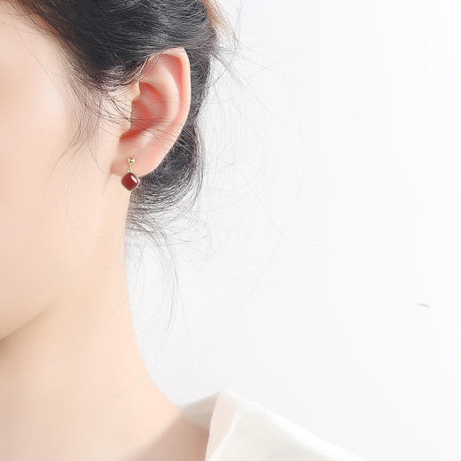 丁摩 S925纯银南红玛瑙方形和田玉女耳吊小巧耳钉耳环6ZF-596 商品图2