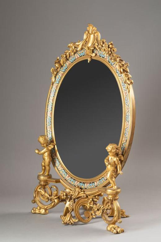 独角鹿西洋古董1880年代法国拿破仑三世时期出品铜鎏金精雕小天使造型嵌錾胎珐琅座镜 商品图2