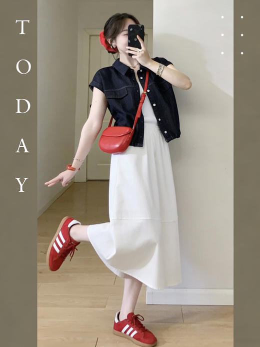 【百图lulu定制】【口袋牛仔马甲】对称口袋 翻领 弹力下摆 飞飞袖 牛仔马甲 商品图1