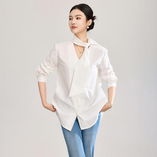 「高货wl」全新升级【铂金会员257/天猫339/差价82】(11317)洛诗琳法式纯棉慵懒宽松衬衫2026春季新款飘带V领上衣 商品图1