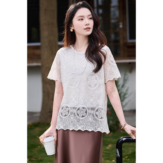米思阳2026春夏新款时尚百搭蕾丝T恤衫镂空微透独特漂亮小衫2863/1044 商品图1