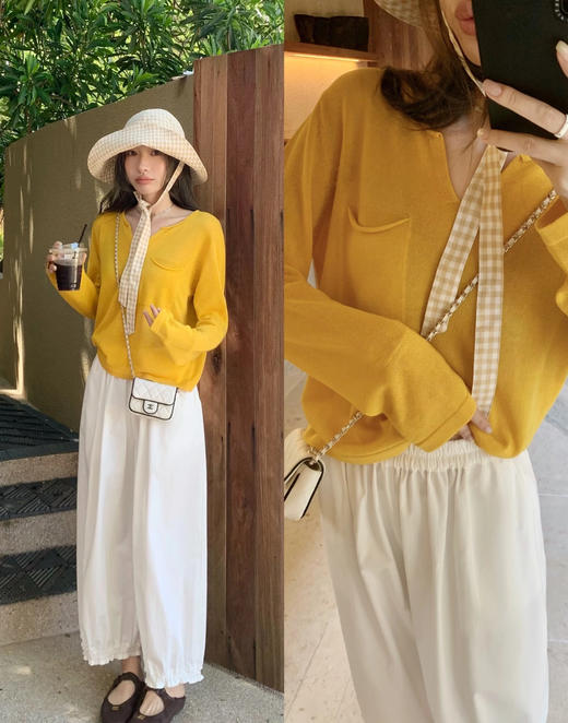 老米优品🎈41.9%莱塞尔+10.8%亚麻🍃《高级感V领亚麻慵懒针织罩衫tee》防晒罩衫！点点亚麻砂质，层次感丰富！V领设计修饰脖颈线条，显脸小！ 宽松廓形 遮肉显瘦不挑人 商品图4