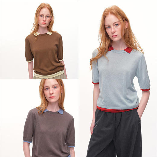 UMILAB｜欧若拉*绝美配色 巴素兰精纺羊毛+醋酸 假两件中袖针织衫M912V 商品图0