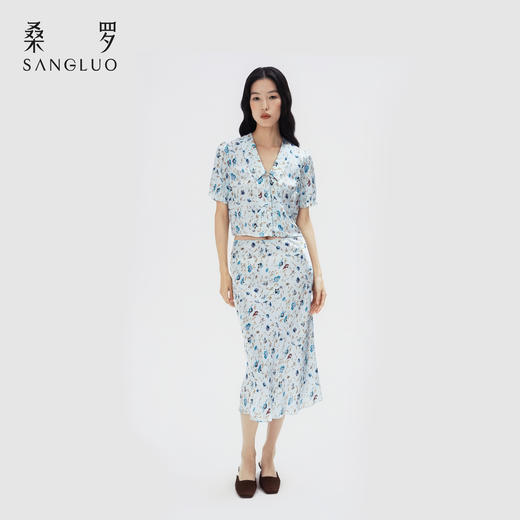 烂漫田园』桑罗蓝底碎花复古真丝半身裙100%桑蚕丝女款2026新款 商品图4