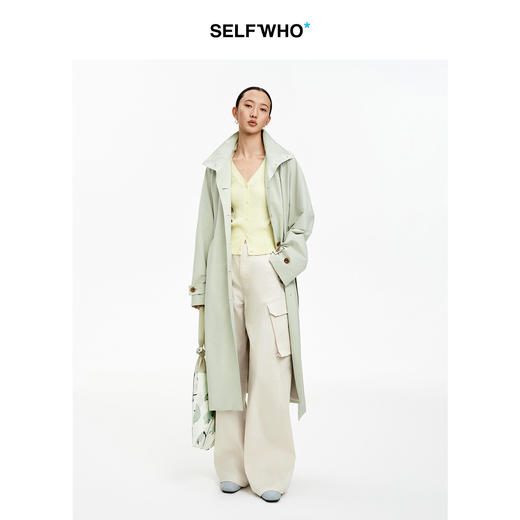 SELFWHO棉混纺高立领撞色风衣女2026春季新款宽松腰带单排扣外套 商品图1