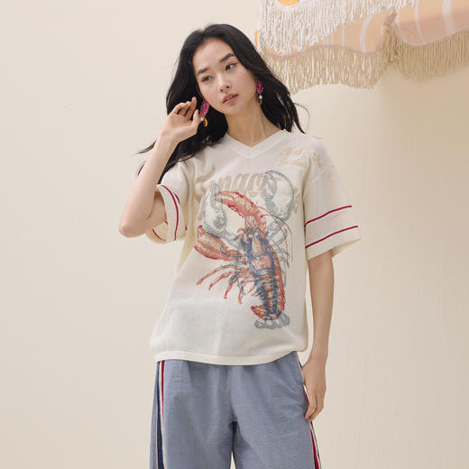 谜底套头针织衫短袖2026夏新品舒适时髦印花钉珠毛衣女262MZ0756 商品图1