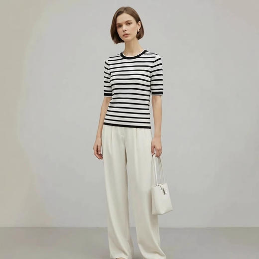 「自」全新升级【铂金会员183/天猫239/差价56】(23707)洛诗琳超细天丝条纹针织短袖女2026春夏新款圆领套头上衣 商品图1