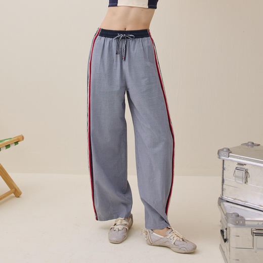 谜底撞色阔腿裤长裤2026夏季新品侧边拼接松紧腰抽绳女262MK0516 商品图0
