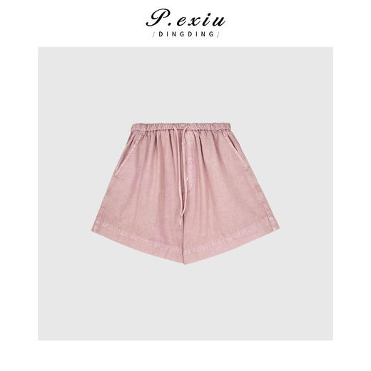 03-4潘依绣丁丁宠粉PanYiXiu/潘依绣【微甜恋夏】100%棉脏染薄款抽绳休闲短裤 SY0520 商品图1