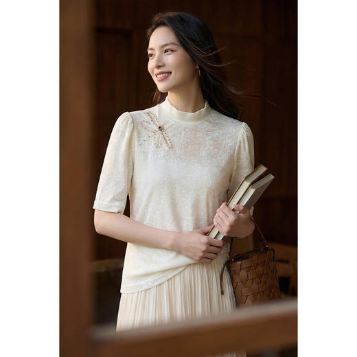 米思阳2026春夏新款气质优雅国风提花钉珠装饰百搭T恤女1115/1156 商品图2
