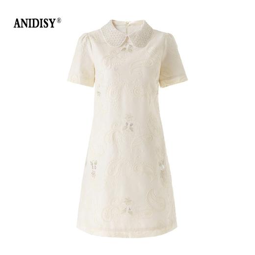 重工钉珠棉线刺绣娃娃领短袖收腰连衣裙 商品图3