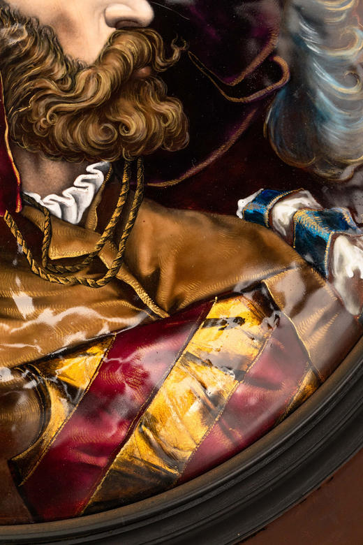 独角鹿西洋古董19世纪法国珐琅宗师保罗·索耶签名创作出品巨幅铜胎画珐琅肖像挂屏对 商品图8