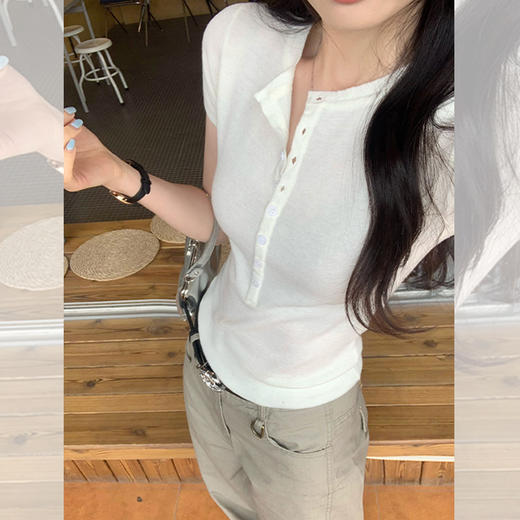 西遇亨特领纯色短袖T恤女2026年夏季新款极简风气质收腰修身上衣SS060235 商品图3