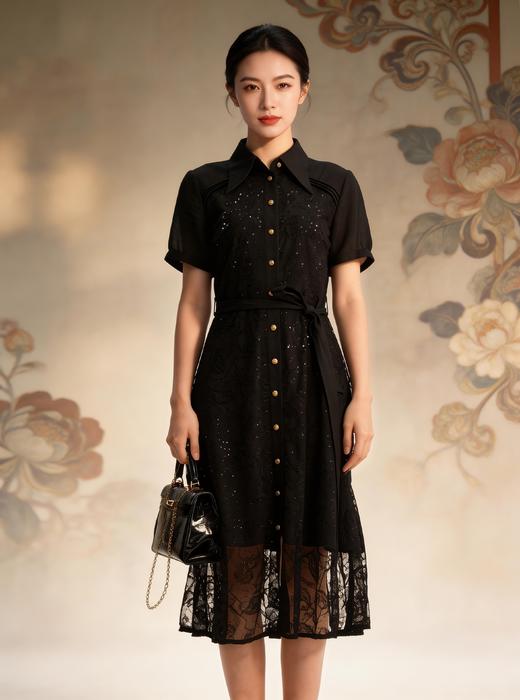 HJ2S41_黑色_连衣裙_四季_优雅复古金扣蕾丝网纱衬衫领收腰系带 A 字中裙_高级女装_BERNIEELEN 伯妮斯茵 商品图4