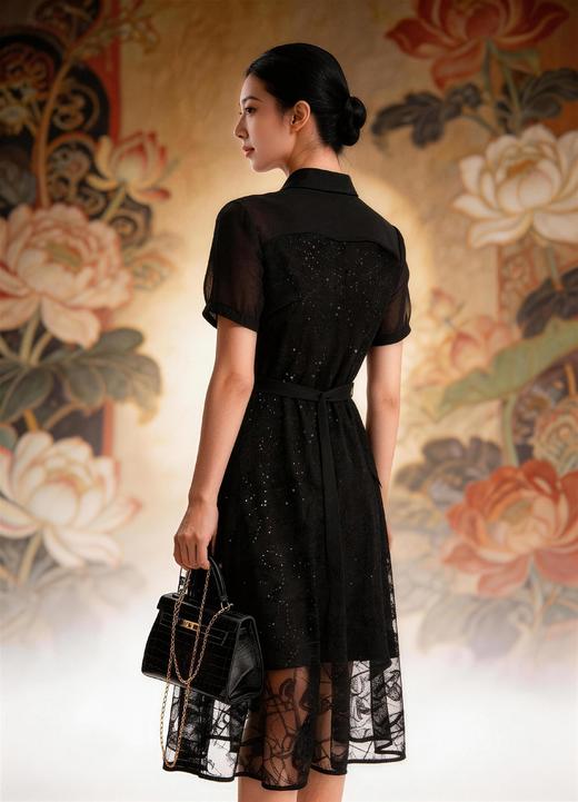 HJ2S41_黑色_连衣裙_四季_优雅复古金扣蕾丝网纱衬衫领收腰系带 A 字中裙_高级女装_BERNIEELEN 伯妮斯茵 商品图8