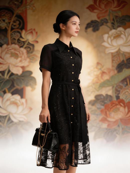 HJ2S41_黑色_连衣裙_四季_优雅复古金扣蕾丝网纱衬衫领收腰系带 A 字中裙_高级女装_BERNIEELEN 伯妮斯茵 商品图6