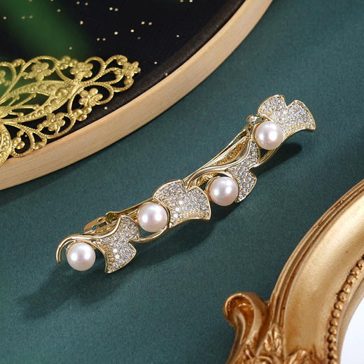 子佩集【珍幸运】珍珠惜王妃发夹【HBFJ030】6.5mm珠镀金银杏叶2601 商品图0