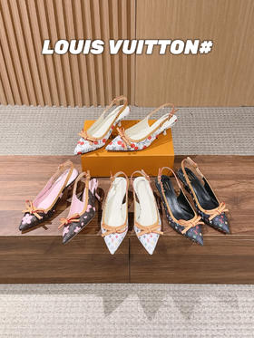 驴家  X TM 村上隆联名老花芭蕾舞鞋蝴蝶结拼色猫跟凉鞋 （DBG）