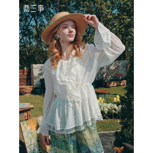 两三事梵高文艺薄色自持2026夏新款蕾丝拼接荷叶边两件套雪纺衫女 商品图0