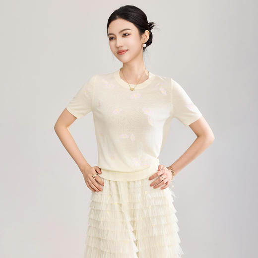 「高货wl」全新升级【铂金会员183/天猫249/差价66】(12047)洛诗琳美丽诺羊毛针织T恤2026新款花朵刺绣显瘦针织上衣 商品图1