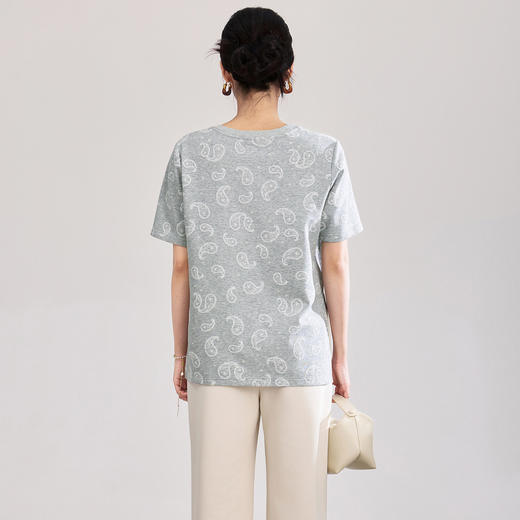 「高货wl」全新升级【铂金会员192/天猫259/差价67】(12502)洛诗琳气质宽松腰果烧花短袖2026夏季新款下摆开衩休闲T恤 商品图2