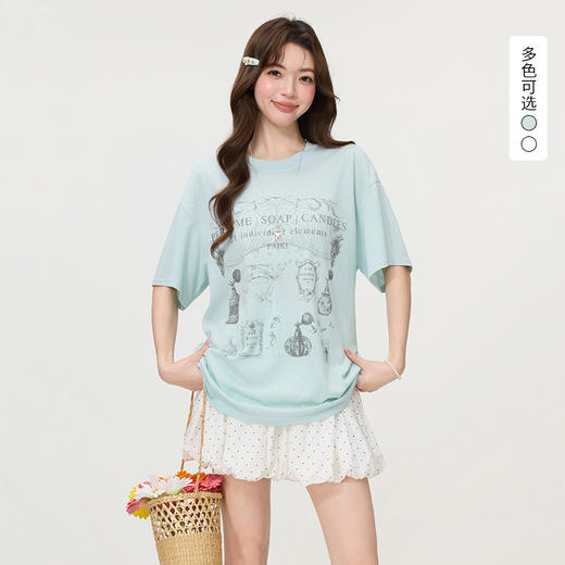 西遇印花短袖T恤女2026年夏季新款慵懒风宽松圆领休闲半截袖上衣SS060244 商品图0