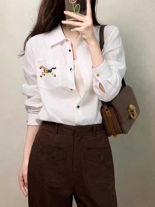 【姹弥】“马上有钱”刺绣老钱风高级感亚麻衬衣 个性彩虹扣 把松弛感焊在身上 商品图2