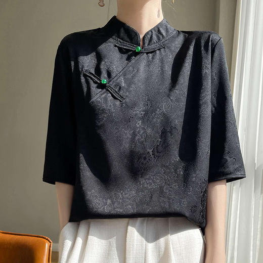 【新中式国风盘扣立领缎面短袖t恤】丝滑复古提花薄衬衫 商品图2