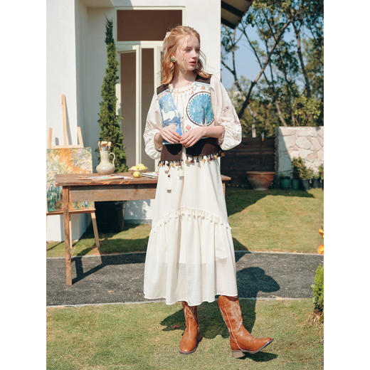 两三事旧话织梦2026夏新款复古流苏下摆绑带印花马甲女宽松马夹女 商品图3