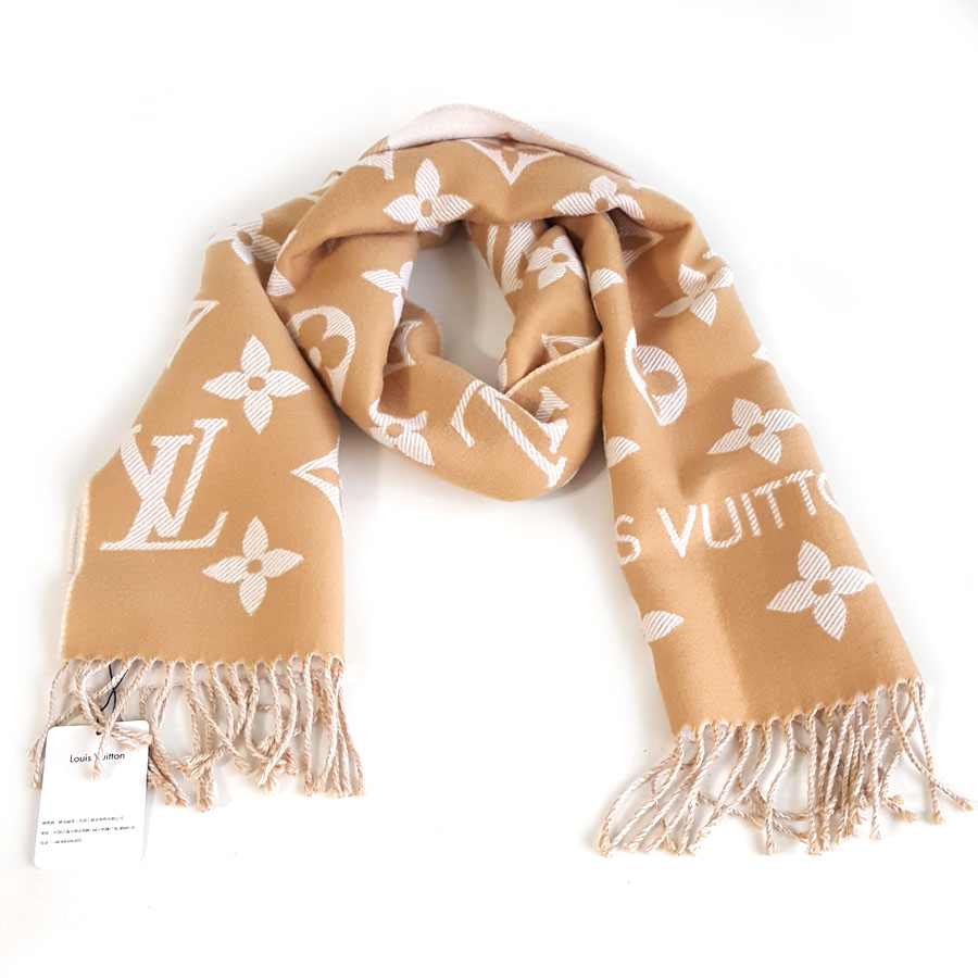 【闲置】LV路易威登M77728老花奶茶色ESSENTIAL 羊毛流苏围巾女士140326HS21