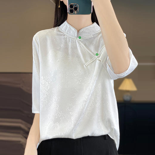 【新中式国风盘扣立领缎面短袖t恤】丝滑复古提花薄衬衫 商品图1