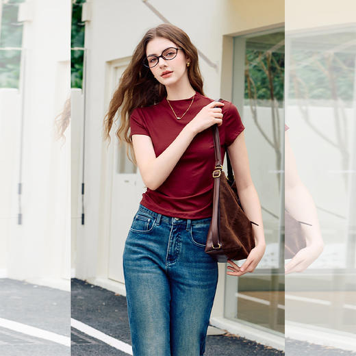 西遇法式半高领正肩短袖T恤女2026年夏季新款莱赛尔打底修身上衣SS060239 商品图1