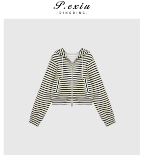 03-5潘依绣丁丁宠粉短款拉链条纹撞色连帽卫衣Q2365