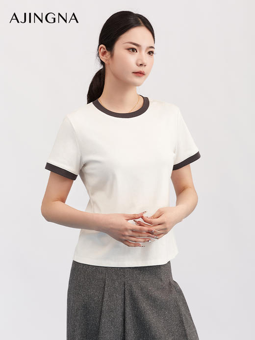 【商场同款】阿菁娜春夏季新款设计感白T恤撞色包边设计微宽松H型显瘦遮肉A31X101006 商品图0