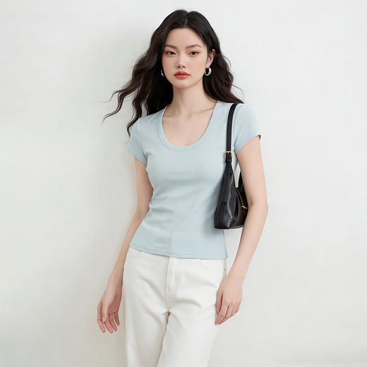 西遇纯色百搭2026春夏新款法式U领女修身显瘦上衣打底衫短袖T恤H0060191 商品图3