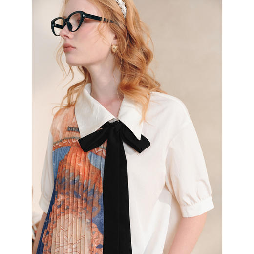 两三事日常诗稿2026夏季新款艺术风压褶印花系带不对称翻领衬衫女 商品图3