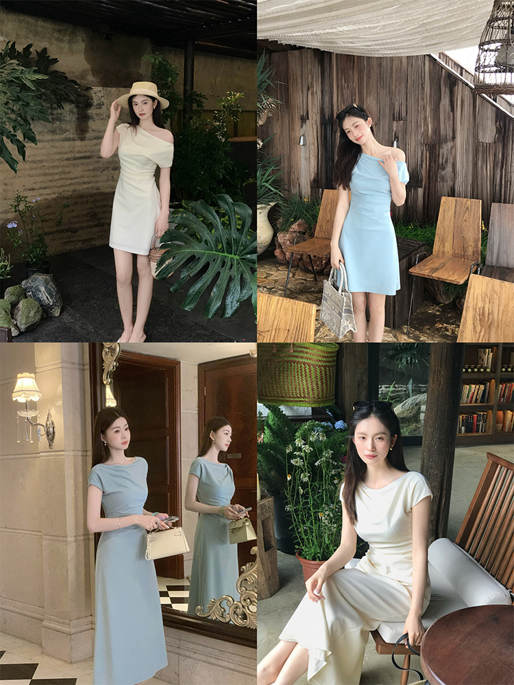 【气质知性简约短袖连衣裙】天赐小蛮腰，上身自带与生俱来的气质感 优雅且知性，腰部褶皱设计，穿届的"伪素颜"视觉显瘦