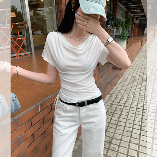 西遇法式荡领短袖T恤女2026年夏季新款莱赛尔天丝纯欲褶皱上衣SS060236 商品图4