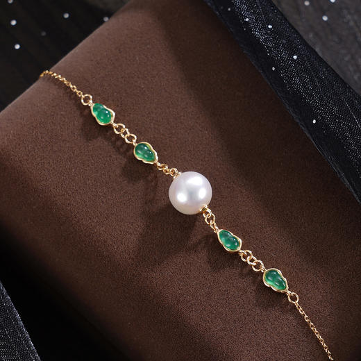 子佩集【福禄攸同】银S925珍珠惜王妃手链【MLSL007】8.4mm珠镀金葫芦绿玉髓2601 商品图1