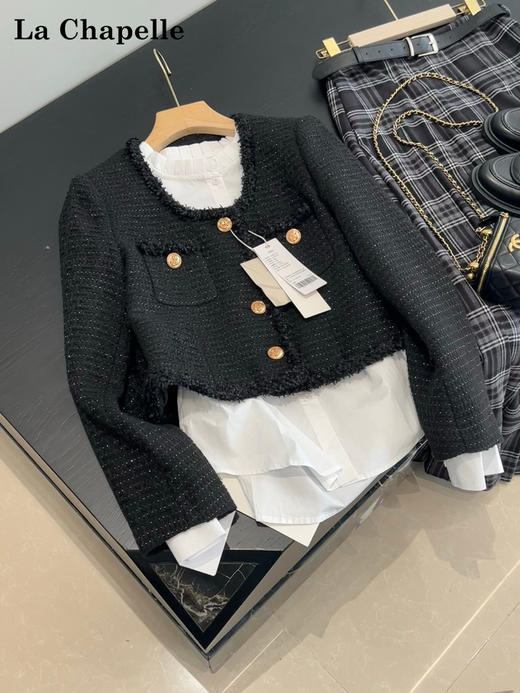 天猫同步【巴黎细闪！】拉夏贝尔/La Chapelle羊毛混纺别致U领单排扣设计气质编织短款通勤香风外套女 商品图4