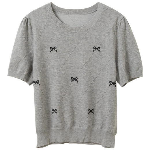 三彩2026夏季新款蝴蝶结绣花针织衫圆领短袖上衣套头衫简约M 商品图4