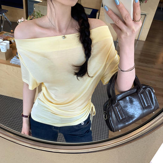 西遇法式荡领短袖T恤女2026年夏季新款莱赛尔天丝纯欲褶皱上衣SS060236 商品图3