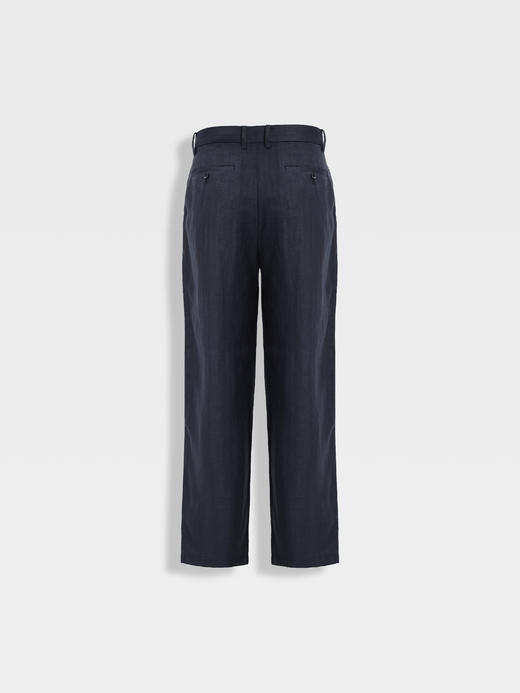 callisto藏青天丝亚麻混纺鱼骨纹微直筒西裤 商品图1