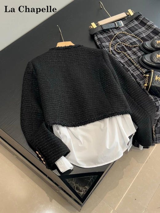 天猫同步【巴黎细闪！】拉夏贝尔/La Chapelle羊毛混纺别致U领单排扣设计气质编织短款通勤香风外套女 商品图5